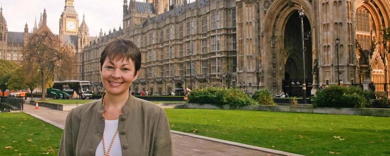 Caroline Lucas in front of Parliament