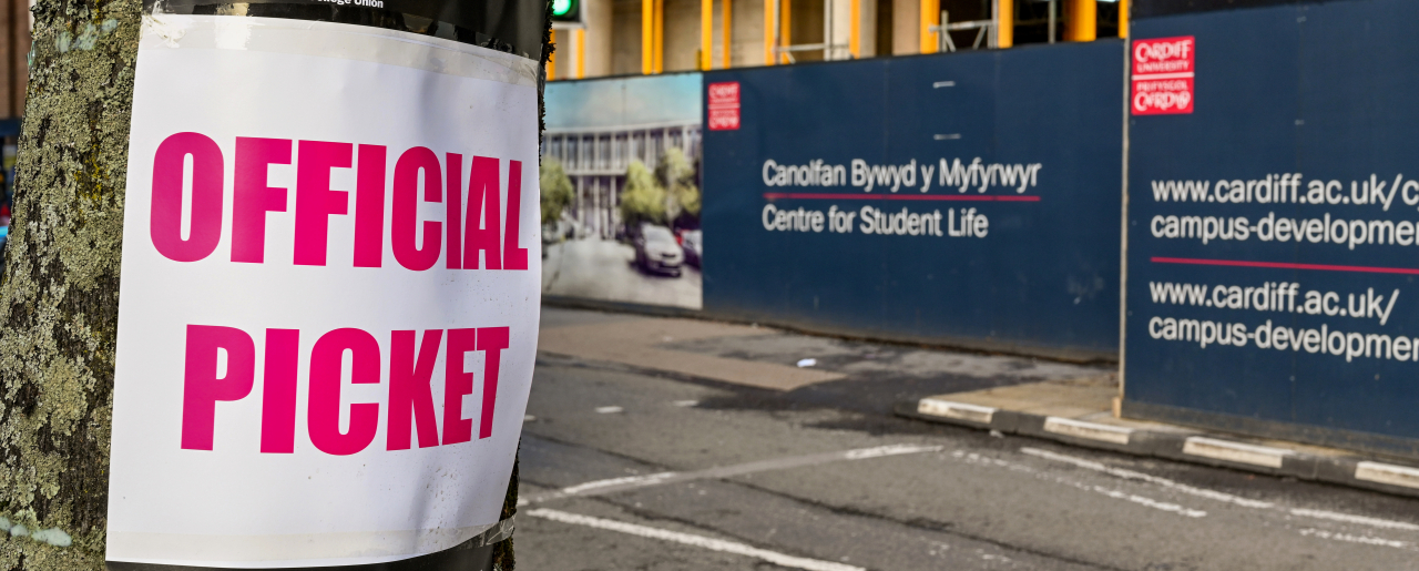 Picket line sign at Cardiff University