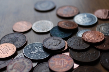 Coins scattered on a table 